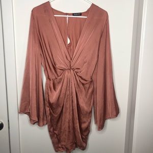 Satin Long Sleeve Front Split Dress